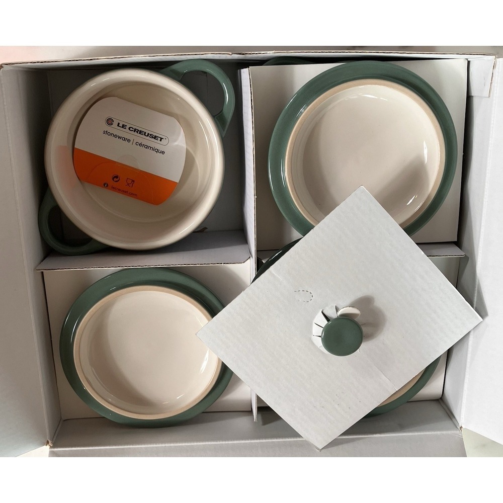 NIB Le Creuset - Mini Round Cocotte - 8 oz Set Of 4 NWT Green Artichaut Cookbook